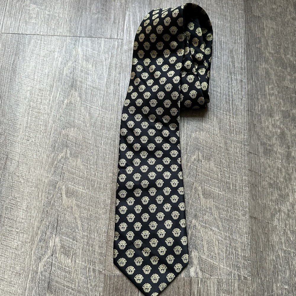 Gianni Versace Coal Black Gold Face VINTAGE Silk Tie Made in Italy EXC+++ - Picture 2 of 12